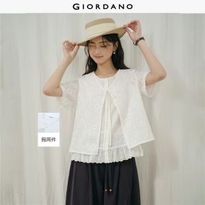 Giordano Women Fake two-piece embroidered cotton blouse Free Shipping 18346226