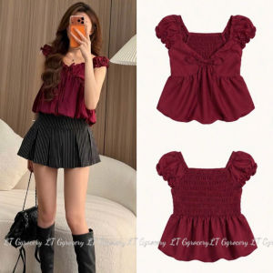 Áo babydoll dáng bí bồng mặc hè chất Thô trễ vai tay búp thắt dây nơ chun lưng dễ thương