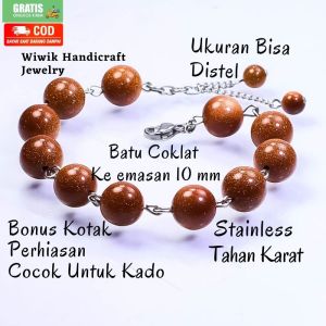 Gelang Tangan Wanita / Gelang Cewek Stainless Tahan Karat Batu Berpasir Coklat Emas 10 mm Terbaru Kado Hadiah