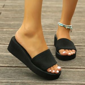 Free Shipping 5Cm Wedge Heel Thick-Soled WomenS Summer Solid Color Non-Slip High-Heeled Sandals Fashionable Outdoor Wear