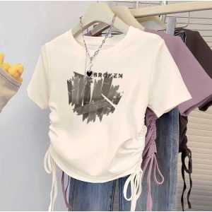Kaos Wanita Dewasa T-Shirt Broken Heart Crop Tali Serut Cotton Combad - Atasan Wanita - Nyaman - Kaos Top