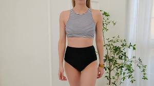2026 Hot Sale [ Shipped from China ] European and American womens two-piece bikini swimsuit high-end tummy-concealing striped conservative high-waisted beachwear B3