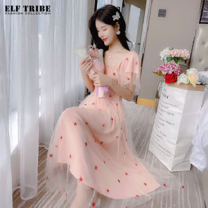 ELF TRIBE French Mesh Embroidered Dresses Sweet Style Stretchy Corset Vacation Beach Dress Women