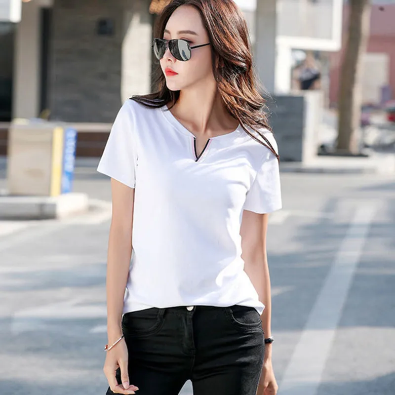 Short Sleeve White Formal Blouse For Women Plus Size,Cotton V-neck