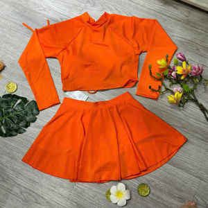 Bikini đồ bơi nữ đi biển 2 mảnh áo thun croptop dài tay kèm mút mỏng quần giả váy kín đáo chất liệu thun lạnh BINSPORTS BHV230