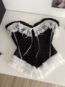 French Court Style Top Womens Pure Desire Spice Girl Lace Splicing Sleeveless Tube Top Slim Fit Fish Bone Polka Dot Vest H260729