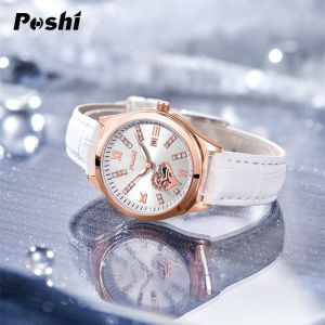 Poshi Jam Tangan Wanita Tali Kulit Leather Bercahaya Kuarsa Alloy WaterProof dark in glow