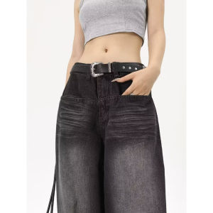 Retro washed drape loose jeans men and women black straight wide-leg pants oversize long pants ins t