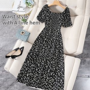 FIIO Womens Dresses broken flower black dress women 2024 summer fashion A-lineskirt temperament slim long skirt