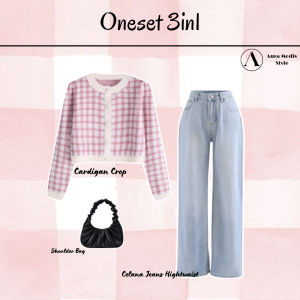 One set Setelan Korean Style Wanita ( Cardigan + Celana Jeans + Shoulder Bag + Bella Square ) AM132n
