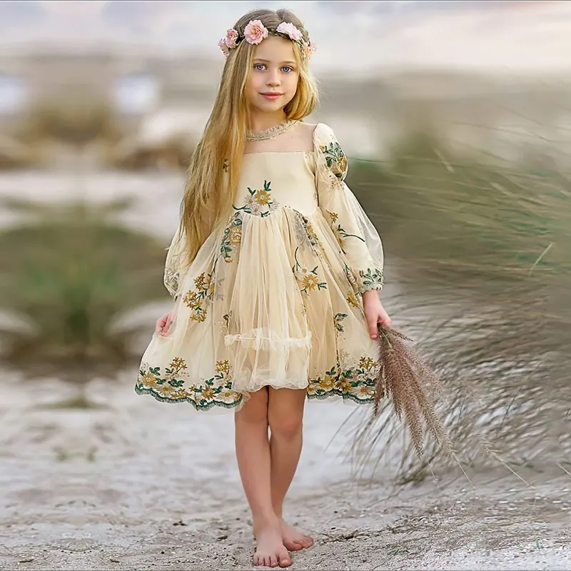 Beige Baby Kids Girls Formal Fairy Dress Autumn Winter Flower