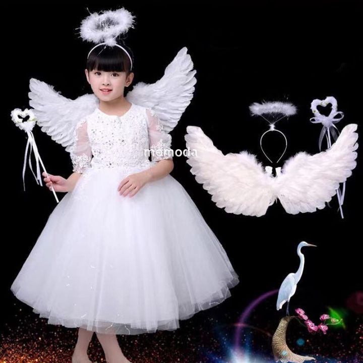 Guardian Angel Kids Halloween Costume White Feather Angel Girls Tutu Dress  with Wings & Halo Christmas Nativity Gabriel Clothes