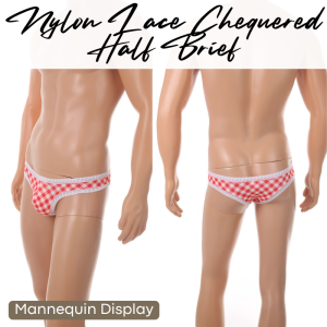 Mens Brief: Nylon Thin Chequered Half Brief with Lace Trimming (CMF491)