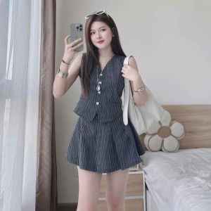 Set vest nữ mặc hè chất Linen Sọc cao cấp phối quần short giả chân váy ngắn năng động dễ thương
