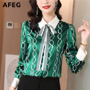 AFEG new Korean version of the bowknot fashion loose and versatile hit color silk satin printed long-sleeved blouse for women