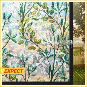 Window Privacy Film Sticker with Static Cling & 3D Rainbow Effect Floral Stained Glass Pattern Sticker for Home Decor