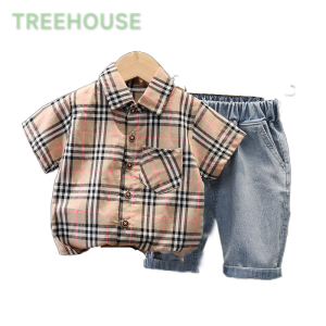 TREEHOUSE 0 to 5 years old baby clothes for boys set Fashion Plaid Short Sleeve Jeans Two-piece Formal Boys Clothing Set