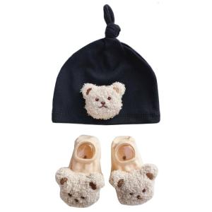 Cartoon Infant Hat with Cute Bear Socks Newborn Head Protections Hat Knotted Beanie Cap for Boys Girls 0-12 Months