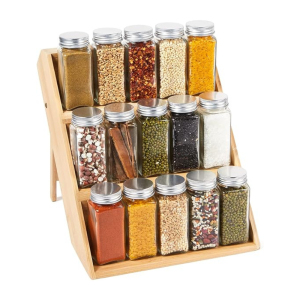 VISHINE 3-Tier Bamboo Spice Storage Rack with Glass Jars Set Kitchen Condiments Organizer Shelve Set