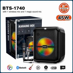 BRODU BTS-1740 iKARAOKE BOX with 1 wireless mic and 1 magic sound mic 45W Power RGB Bluetooth Echo USB SD