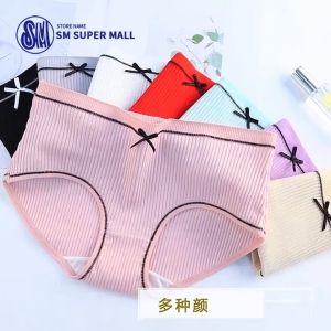 【SM Mall】Japanese Style Womens Cotton Underwear 6 Pack High Waist Seamless Triangle Panties Breathable Antibacterial Soft Elastic Waistband For Ladies Teen Girls Students Pure Cotton Black White Beige