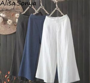 Alisa.Sonya Women Cotton Linen Pant plus size Loose Fit High Elastic Waist Wide Leg Casual Simple white cropped Pants(Not full Length)