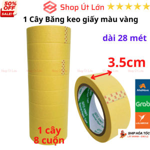 Băng keo giấy màu vàng rộng 3.5cm dài 28 mét mỗi cuộn lõi giấy 3mm - 1 cây có 8 cuộn - Shop Út Lớn