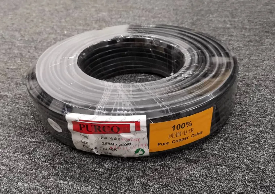 100% PURE COPPER] 2.5mm x 2 Core PVC Twin Flat Cable (PIN WIRE) (Black)  (70Mtr +-) (PURCO/HYBLE)