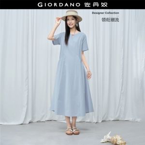 Giordano Women Beaded notch neck gathered pockets maxi dress Free Shipping 18466721