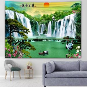 ผ้าพื้นหลังสไตล์จีนย้อนยุค   ภาพวาดภูมิทัศน์ความมั่งคั่งร่ำรวย ผ้าแขวนผนังห้องนอน ผ้าตกแต่งข้างเตียง