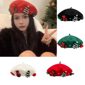 MODERNLUX Màu đỏ xanh Mũ Beret Giáng Sinh Chất liệu len nỉ Vải mềm mại ấm áp Mũ Beret của họa sĩ Thời trang Thiết kế nơ Mũ Beret Len Dành cho Nữ Giới và Thiếu Nữ