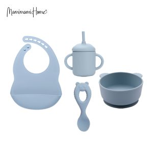 Mamimami Home Baby Meal Feeding 4pcs/set Silicone Suction BowlsStraw Sippy CupBibSpoon Toddler Self-feeding Tools