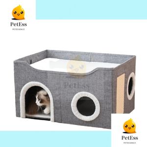 Foldable Cat House with Scratching Board Kitten Tunnel Villa Semi-Enclosed Cat Bed