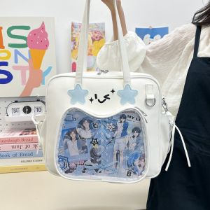 LANGJ ที่เก็บสินค้าของไอดอล กระเป๋าอิตาแบ็คสี่เหลี่ยม ซิป แสดงป้าย กระเป๋าใส่ของโปร่งใส หลายฟังก์ชัน อนิเมะ กระเป๋าผ้าฝ้ายตุ๊กตา Ita สาวๆ