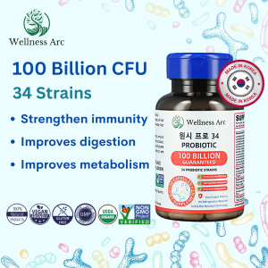 Korea Probiotics 100 Billion CFU 34 Strains with L. Acidophilus with Prebiotic Digestives by Wellness Arc