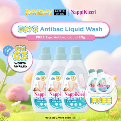 [Payday Exclusive] Nappikleen Anti-Bacterial Liquid Wash (1.85kg x3) + Nappikleen Antibacterial Liquid Wash 80g x2