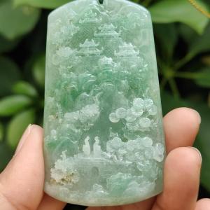 Crafted with Sceneries Pendant on Light Green Natural Type A Jadeite Jade certificate weighs 63.08 grams measurement 68.5 * 41.1 * 10.7 mm (pendant350)