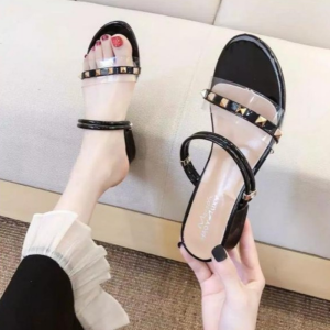 Sandal Hak Heels Tahu Kaca Pendek Wanita 3cm Slop Tali Piramid Fashion Style Pesta Kondangan Terbaru Kekinian