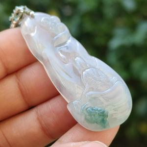 Icy variety Translucent with green Natural Type A Jadeite Pendant Necklace crafted as the faceless buddha with symbols of Holy and blessed blessings of wealth prosperity and happiness with certificate weigh 11.02 grams 49.9 * 19.9 * 7 mm (pendant34)