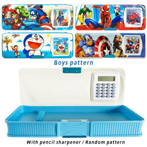 Cartoon pencil case with calculator and pencil sharpener stationery storage box double-sided opening magnetic stationery box