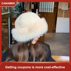 【CANAMEK】 Fluffy Faux Fur Xô Hat Cho Phụ Nữ Sang Trọng Sang Trọng Ngư Dân Hat Mùa Đông Ấm Áp Hat Dày Lạnh Ngày Tuyết Panama Cap