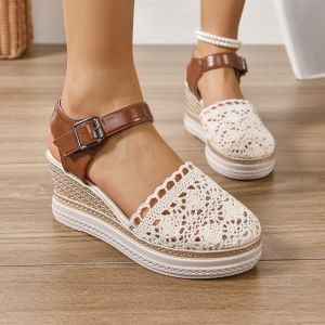 [Free Shipping] Mesh Wedge Sandals For Women Summer Platform High Heels Waterproof Breathable Fashionable With A Closed-Toe Design And Buckle Closure