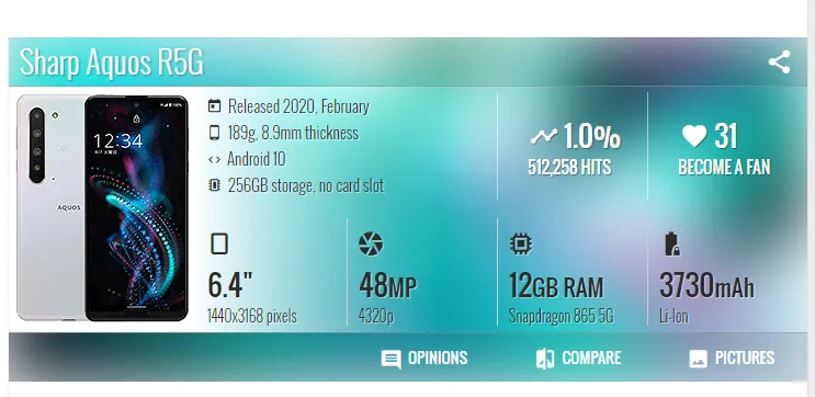 AQUOS R5G Qualcomm 865 CPU 【12GB RAM 256GB ROM】6.5 inch 120HZ