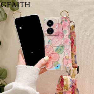[GFAITH] New Peach Blossom Case VIVO Y02S T1 5G Y55 5G Y30 5G Y77 5G Casing Soft Cover Painting Flowers With Wrist Strap Holder + Lanyard