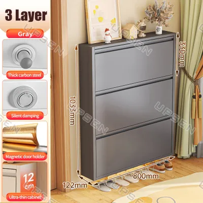 12cm Slim Shoe Cabinet Ultra-Thin Iron Shoe Cabinet Cream-Style Flip Bedroom Space-Saving Shoe Rack