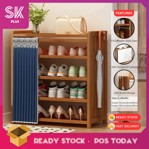 SKPLUS Bamboo Shoe Cabinet Woth Curtain Multilayer Shoe Cabinet Indoor Shoe Cabinet Large Capacity Shoe Rack Wooden Shoe Rak Kabinet Kasut Shoe Shelves Furniture - Fulfilled by SKPLUS