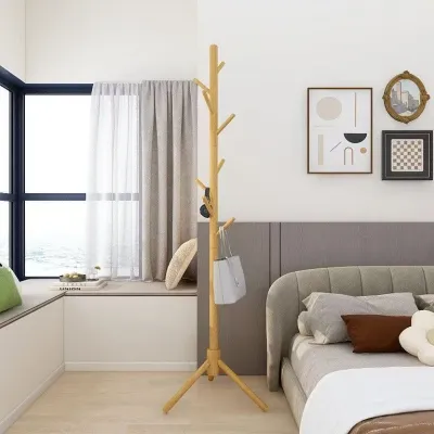 Giá treo áo đứng bằng gỗ nguyên khối đơn giản có nhiều móc treo quần áo túi xách và mũ