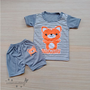 Setelan Kaos Tangan Pendek Untuk Bayi Usia 6 - 12 Bulan Motif Kucing Model Kancing Bahu Super Halus