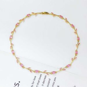 ZYJC Multicolour Rose Flower Necklace Light Luxury Copper Zircon Zircon Necklace Elegant Crystal Leaf Necklace Women Girls