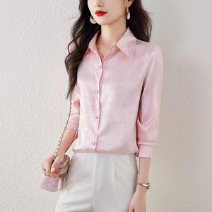 AMMIN 2024 autumn new simple lapel fashion r Chinese style jacquard long sleeve simple solid color commuter chiffon shirt womans Korean style natural drop elegant blouse
